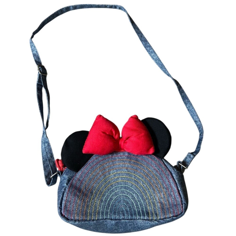 Disney Rainbow Denim Minnie Mouse with Ears & Red Bow Adjustable Crossbody Purse